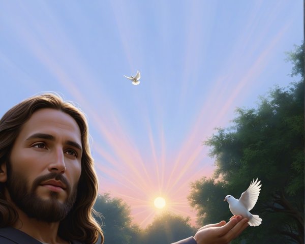 Serene Dawn Landscape with Figure and White Dove