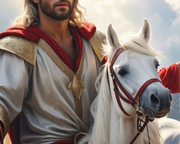 Majestic figure on white horse with flowing robes