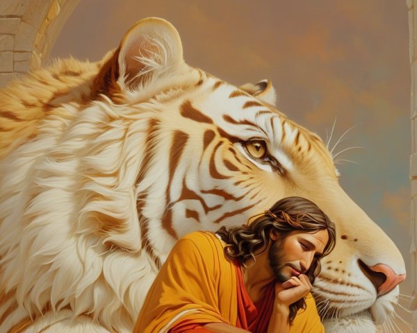 Serene Figure with White Tiger in Ethereal Setting