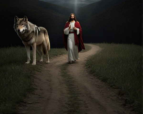 Serene landscape with winding path and majestic wolf