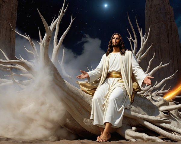 Majestic Figure on Dragon in Ethereal Scene