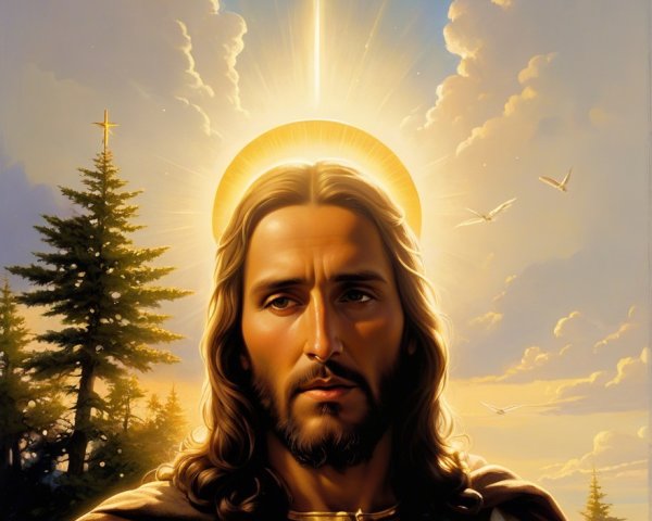 Serene figure with halo in tranquil landscape scene