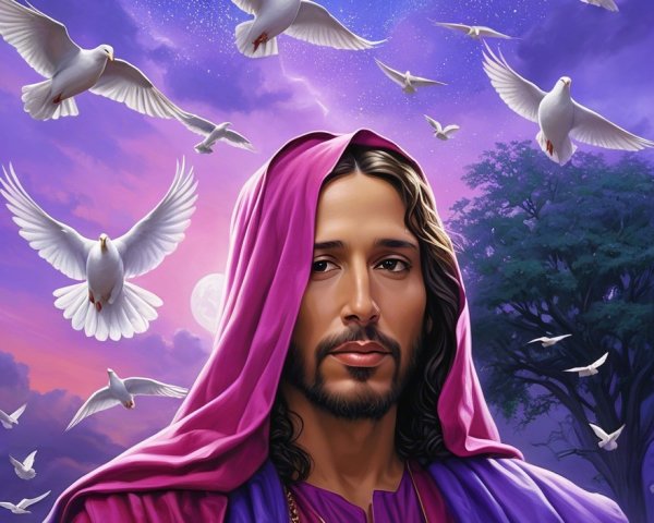 Serene figure in purple robe with doves at twilight
