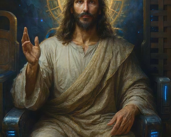 Digital Illustration of Jesus on Futuristic Throne