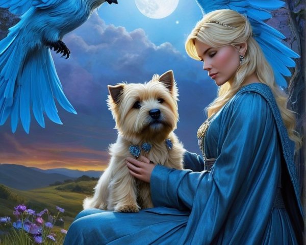 Moonlit Scene with Woman, Dog, and Soaring Bird