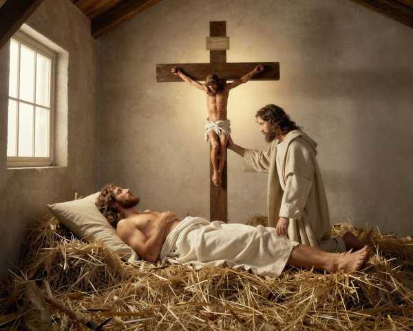 Two men on hay beds, one lying and one kneeling