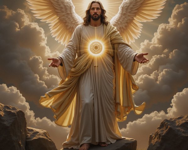 Radiant Figure with Wings in Ethereal Landscape