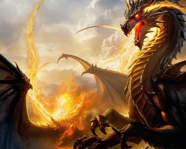 Majestic dragon breathes fire over rocky landscape