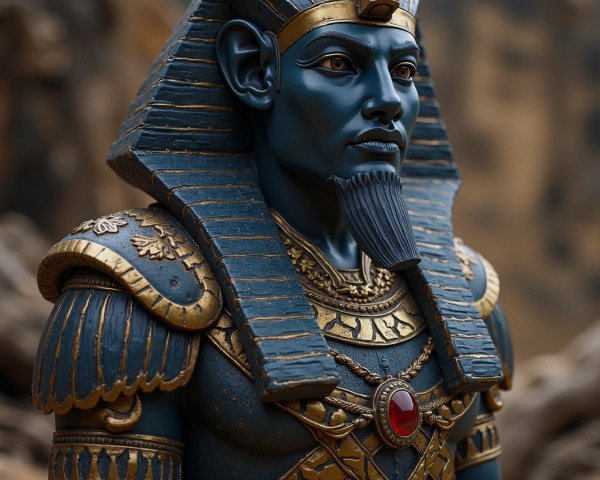 Statue of an Ancient Egyptian Pharaoh with Blue Skin