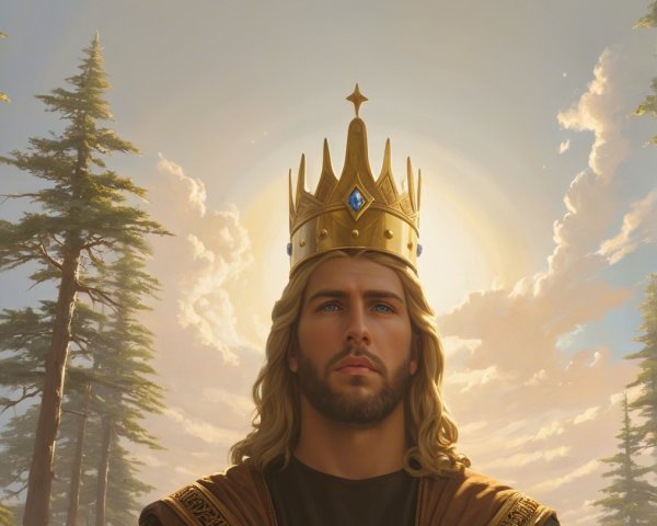 Regal figure in golden crown and ornate robes