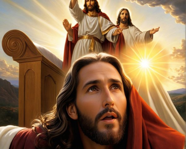 Serene scene with figures in white robes and light