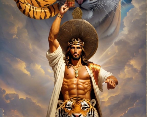 Heroic figure with torch and tigers in mythical setting