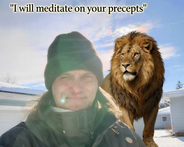 Man with Lion Taking Selfie in Winter Landscape