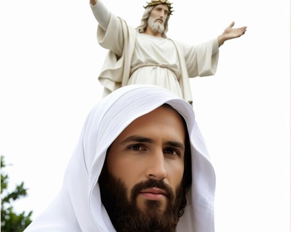 Serene figure in white robes with divine statue backdrop
