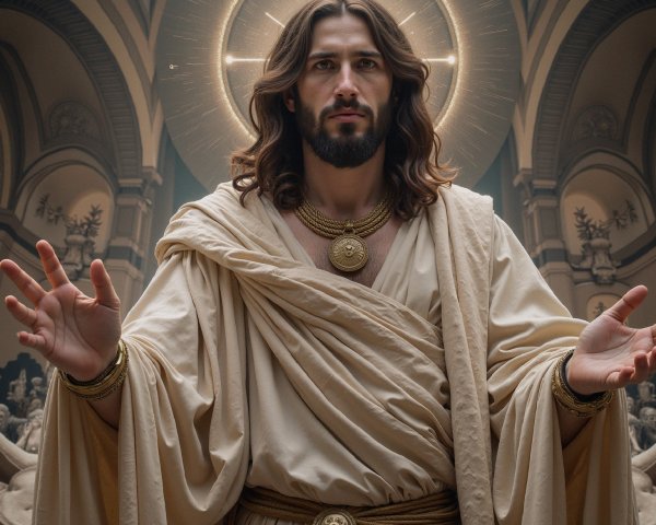 Elegant figure in flowing robes with radiant halo