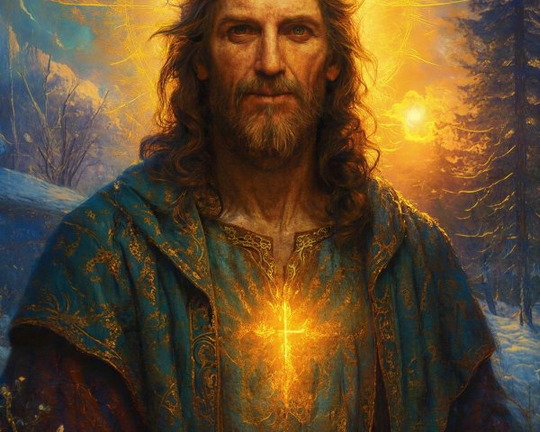 Detailed Portrait Illustration of Jesus in Snowy Forest