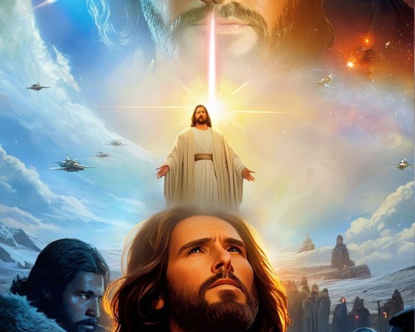Dramatic Spiritual Leader Surrounded by Cosmic Elements