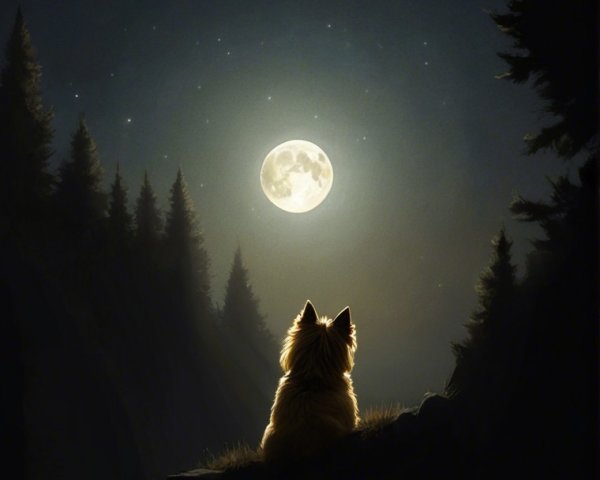 Silhouette of a Dog Under a Full Moon Night Sky