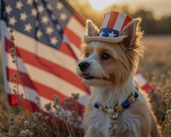 Dog in a top hat with American flag at sunset
