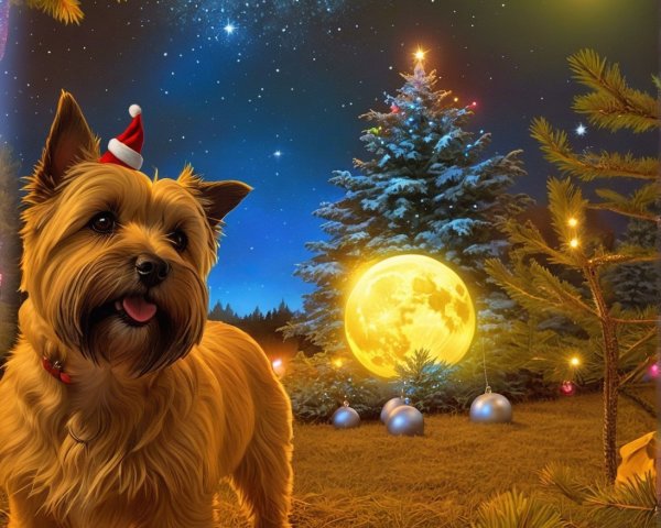 Cairn Terrier Puppy in Christmas Landscape with Moon