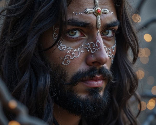 Close-up Portrait of a Man with Silver Face Paint