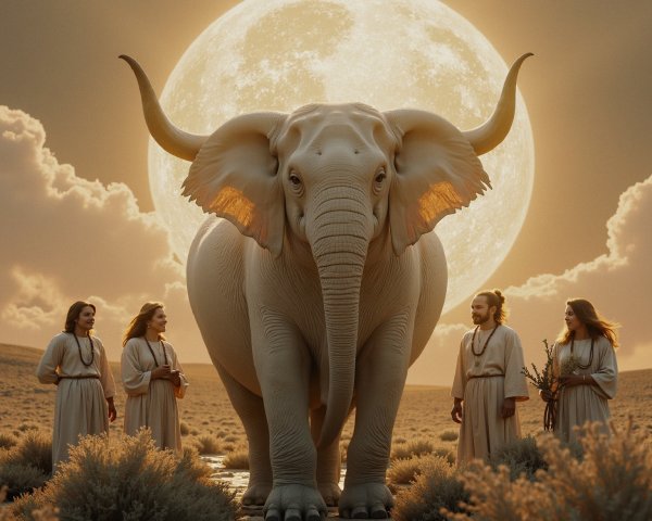 Surreal Landscape with White Elephant and Ethereal Figures