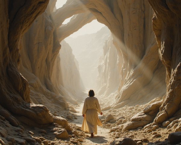 Figure in White Robe in Sunlit Canyon Landscape