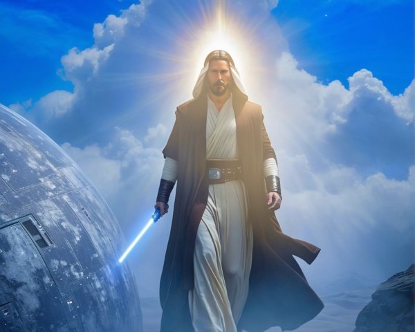 Celestial Figure with Lightsaber in Epic Landscape