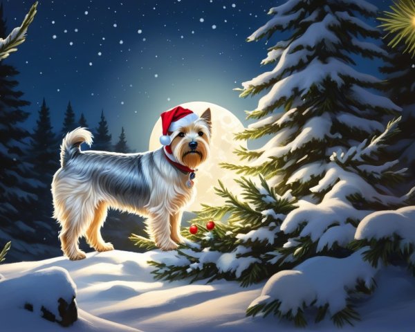 Yorkshire Terrier in Christmas Hat in Winter Wonderland