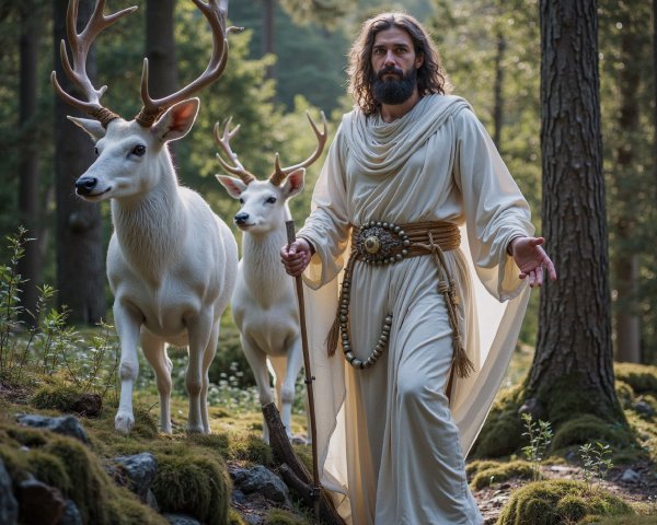 Ethereal Forest Scene with White Robes and Deer