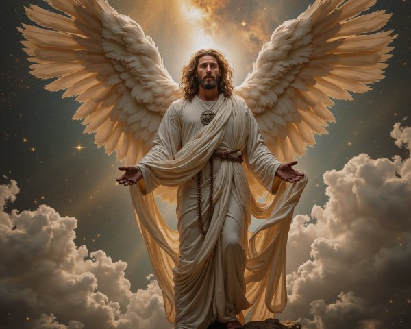 Majestic figure with wings in a cosmic landscape