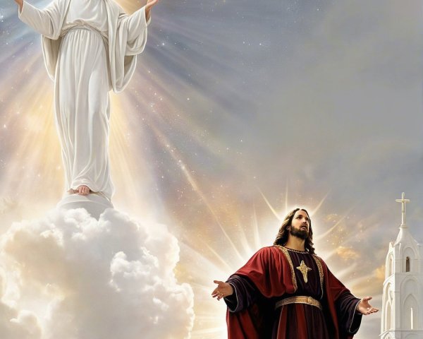 Two Figures of Jesus Christ with Church Tower Background