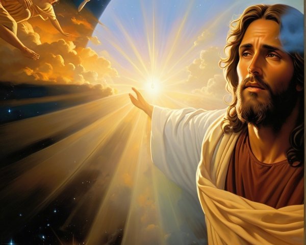 Jesus in White Robe Surrounded by Angels and Light