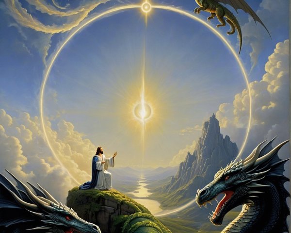 Bearded Figure with Dragons in Mythical Landscape