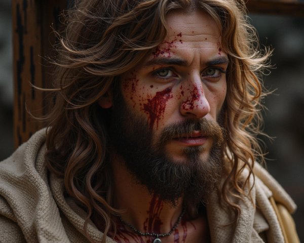 Portrait of a Man with Long Hair and Smeared Blood