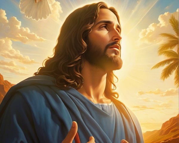 Serene Scene with Biblical Figure and Dove at Sunrise