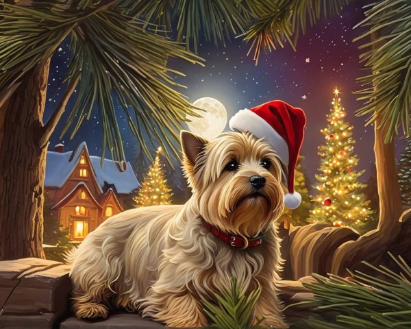 Cairn Terrier in Santa Hat in Snowy Christmas Village