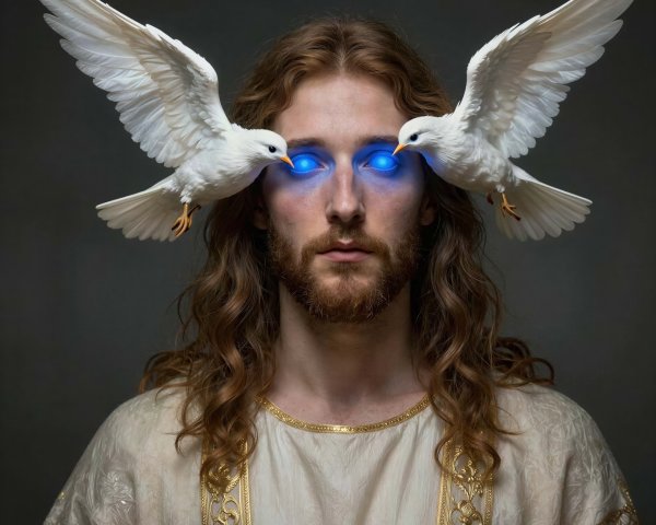 Close-Up of Man with Reddish-Brown Hair and Doves