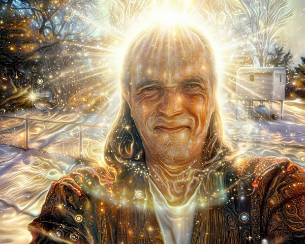 Psychedelic Painting of a Smiling Man in Winter Scene