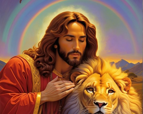 Serene Figure with Lion and Rainbow Landscape