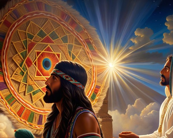 Men Observing Sunlight and Colorful Tapestry Display