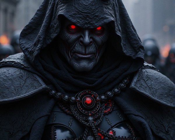 Dark Figure in Gothic Armor with Glowing Red Eyes
