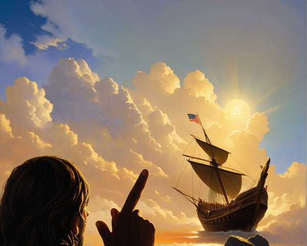 Majestic ship sailing into a sunset with vibrant sky