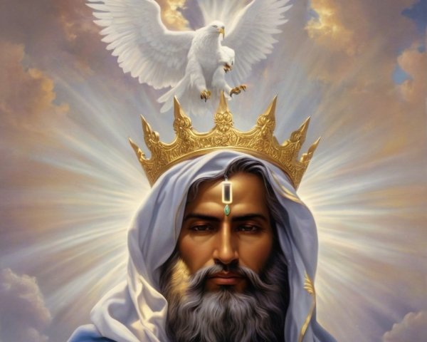 Majestic figure with crown and dove in serene setting