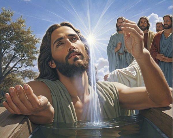 Jesus Figure in Tranquil Water with Followers