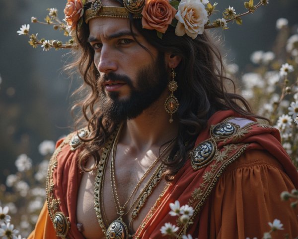 Regal figure in orange garment among daisies