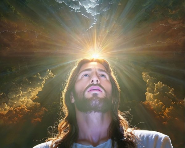Serene Figure in Radiant Light and Cloudy Atmosphere