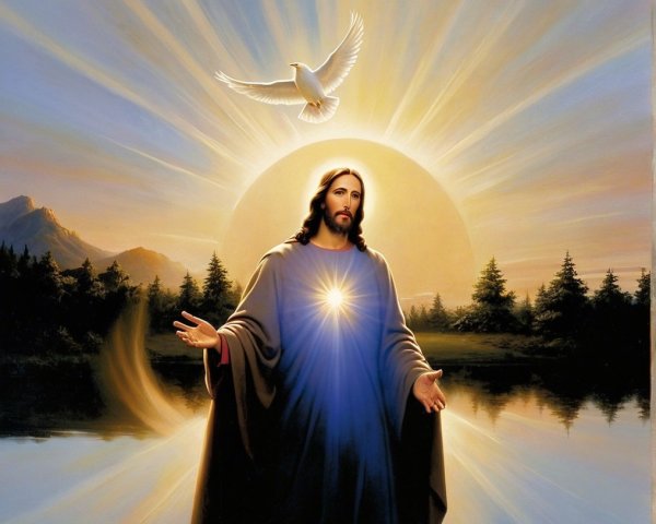 Serene Figure in Flowing Robes Against Radiant Background