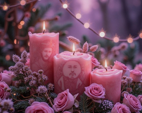 Pink Candles Surrounded by Greenery and Roses