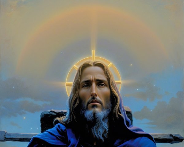 Serene figure in blue robe with glowing halo backdrop